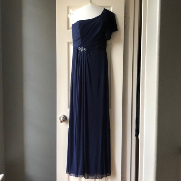 DAVID'S BRIDAL Asymmetrical neck beaded dress with‎ side slit Marine Navy… - Picture 1 of 15